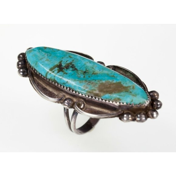 Sterling Silver Navajo Turquoise Long Ring with Bead...